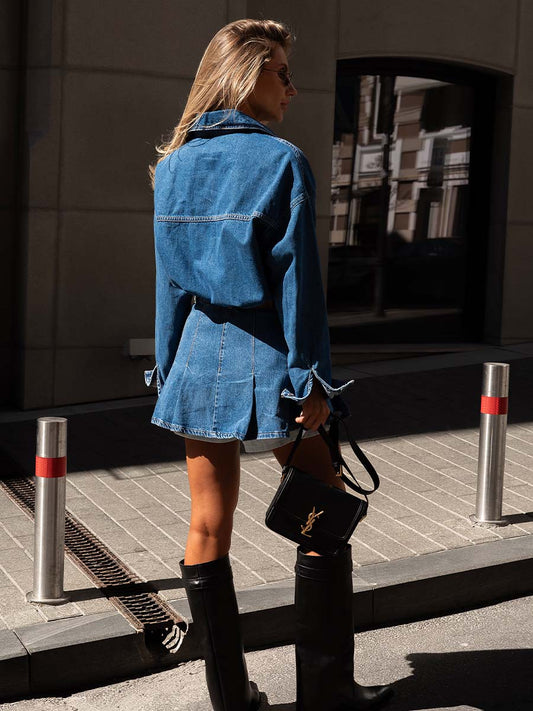 Blue denim mini skirt-shorts