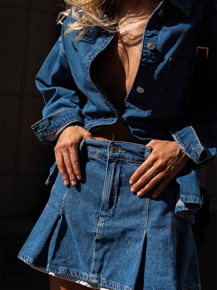 Blue denim mini skirt-shorts