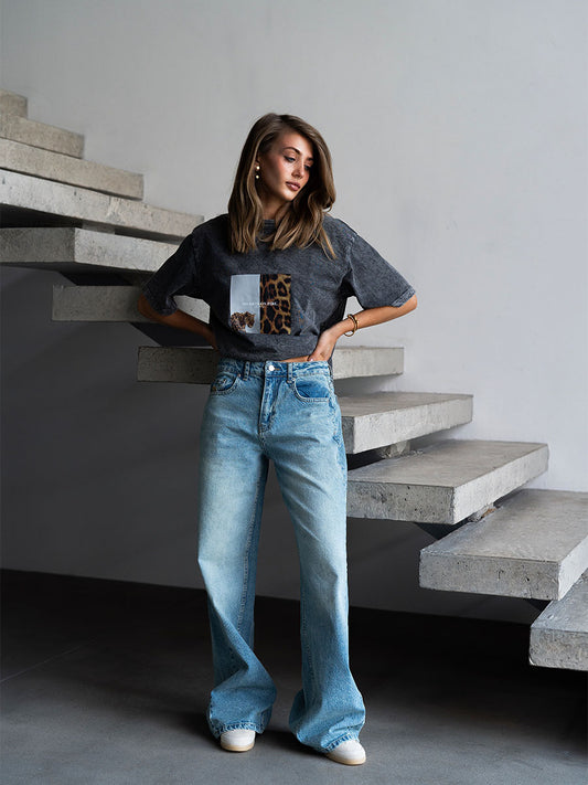 Dark blue palazzo jeans with embroidery
