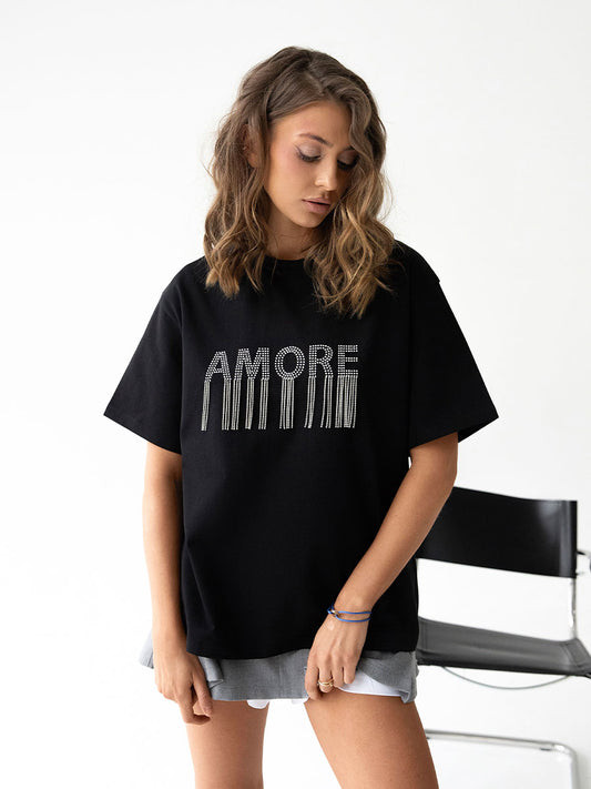 Black t-shirt with rhinestones Amore
