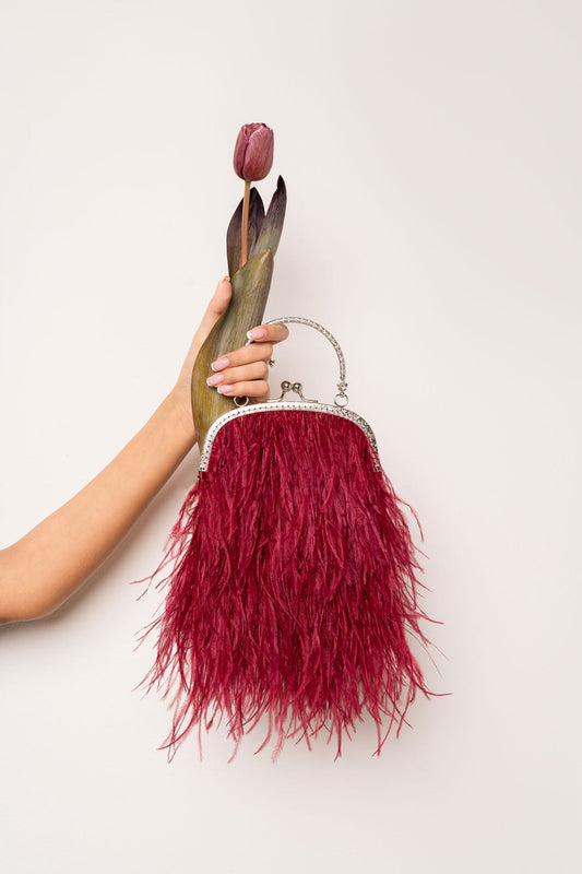Burgundy bag with a handle flowers decorated